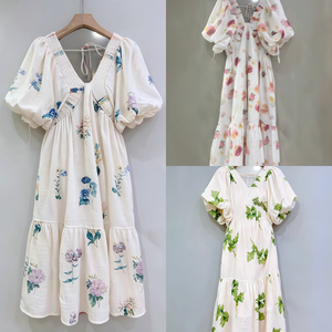 Abito Lungo Vintage di Alta Qualità con Stampa Floreale e Maniche a Sbuffo, Elegante Vestito a Vita Alta Linea A <span class=keywords><strong>per</strong></span> Ospiti di Matrimoni e Feste - Product Image 3