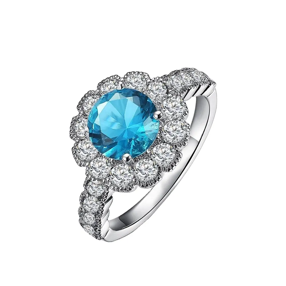 jasen jewelry hip hop Round Blue Stone Crystal Glass Gemstone Rose Gold Plating S925 Silver Rings for women