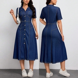 18666 taglie forti da donna in Denim abiti Casual da donna con collo corto a girocollo monopetto da donna abiti in jeans - Product Image 1