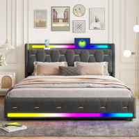 Cadre de lit en velours avec deux enceintes Bluetooth, 4 paniers de rangement dorés, chargement USB Type C, lumières synchronisées à la musique, beige, gris, noir