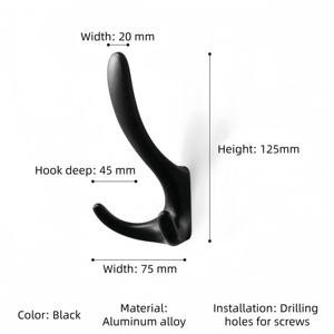 Porte-manteau mural moderne noir mat en métal massif à double <span class=keywords><strong>crochet</strong></span> pour serviettes et peignoirs, vis dissimulées, accessoires de salle de bain - Product Image 2