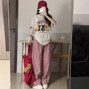 Pigiami estivi con pigiama donna che esplora vestiti <span class=keywords><strong>per</strong></span> la casa lunghi lunghi grigiuti tre cuccioli pantaloni a quadri rossi pigiama - Product Image 3