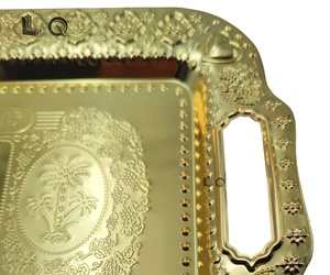 Vente Flash Plateau de Service Rectangulaire en Métal Acier Inoxydable Motif <span class=keywords><strong>Fleur</strong></span> Or Luxe Arabe pour Mariage, Hôtel et Restaurant - Product Image 3
