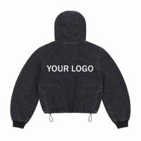Blouson Bomber Homme Personnalisé 2026 avec Logo, en Denim Toile Délavé à l'Acide, à Capuche, Coupe Oversize Streetwear Boxy, Broderie 3D Unie