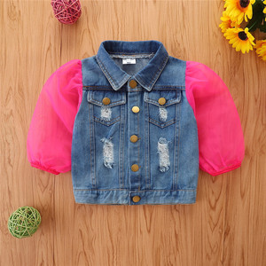 2022 Spring Autumn Fashion Infant Kids Outwear Ripped Denim Single Breasted Puff Mesh Lantern Sleeve Lapel Coats Girls Jacket - Product Image 4