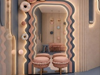 Mobilier de magasin de bonbons pastel sur mesure avec façade ondulée, sol en terrazzo et design intérieur complet du magasin