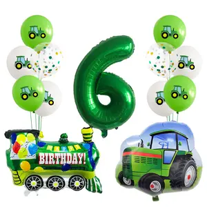 नई डिजाइन जन्मदिन की पार्टी सजावट की आपूर्ति ट्रेन संख्या ट्रैक्टर पन्नी गुब्बारे हरे रंग सफेद गुब्बारे