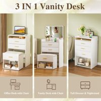 Meilleure Vente Coiffeuse 3-en-1 avec Miroir Rabattable, 2 Tiroirs de Rangement, Chaise et Station de Recharge pour Chambre