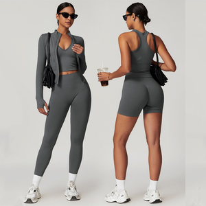 Giacca da Yoga senza cuciture da donna <span class=keywords><strong>Leggins</strong></span> per Fitness reggiseno sportivo con cappuccio pantaloncini da motociclista 4 pezzi da ginnastica Conjuntos De Yoga Leggings Set di Mujer - Product Image 1