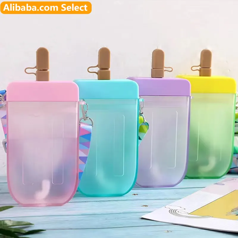 Ice cream plastic water bottle with straw with strap creative square watermelon cup leakproof tritan bottle BPA free cute cup