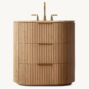Mobile <span class=keywords><strong>Bagno</strong></span> Moderno in Rovere Americano, Comoda Toeletta Compatta a 3 Cassetti, Lussuosa Consolle in Legno Massello con Piano in Marmo, Arredamento RH. - Product Image 1