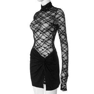 CUTENOVA D24ST618 2025 nuovo arrivo abito tinta unita <span class=keywords><strong>pizzo</strong></span> trasparente a maniche lunghe Mini gonna due pezzi lavorato a <span class=keywords><strong>maglia</strong></span> completo da donna - Product Image 5