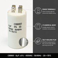 Condensateur à film plastique Liyang CBB60 Série 450V AC6UF pour moteur de machine à laver, réfrigérateur, ventilateur industriel