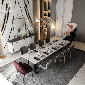 Ensemble de table à manger en marbre blanc, meubles de salle à manger de luxe, table rectangulaire en acier inoxydable pour restaurant avec 10 chaises - Product Image 2