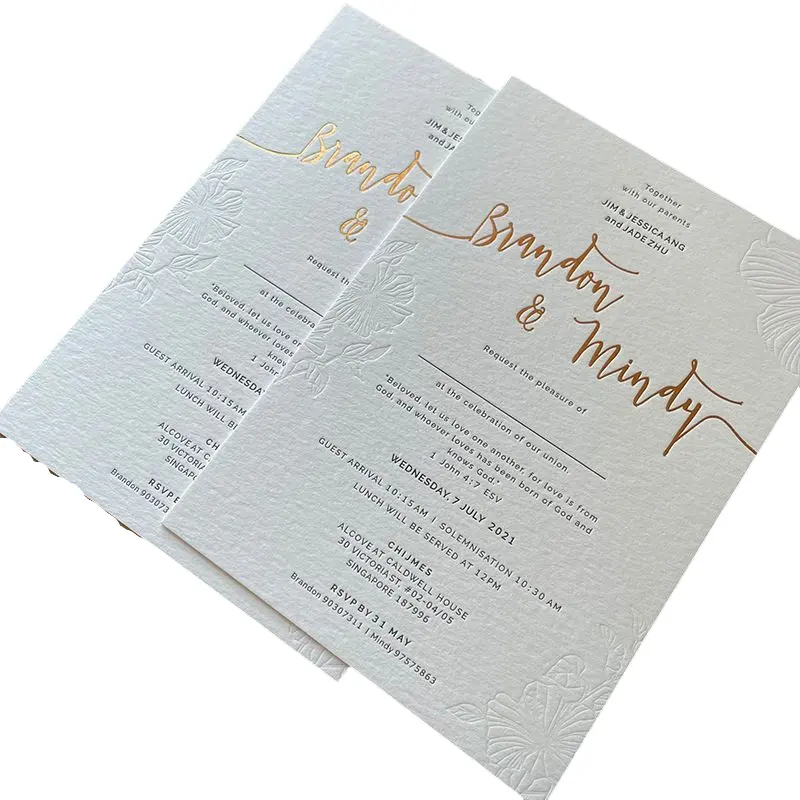 Luxury Western Wedding Invitation Card Gold Foil Embossed Custom Letterpress Business Cotton Paper Printing