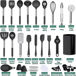 Heat Resistant Black <b>Kitchen</b> <b>Gadgets</b> <b>Tools</b> Stainless Steel Handle Silicone <b>Kitchen</b> Cooking Utensils Set with Holder - Product Image 3