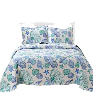 Coastal Quilts 3 Pcs Quilt Set Sum Cool Summer King Size Blue Green 100% Polyester 60 QSY American Style Bed Spread 3 Pcs Accept