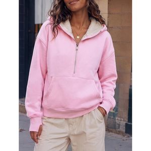 Sudadera con capucha personalizada para mujer, de forro polar, con media cremallera, manga larga, bolsillos canguro, estilo crop top, para uso casual - Product Image 4