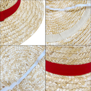 Straw Hat Flat Top Woven Ribbon Red Band Breathable Sunshade For Children Unisex Beach Wear - Product Image 1