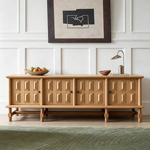 Rustic Oak Wood <b>TV</b> <b>Stand</b> with Embossed Panel Doors, Low Profile Media Console for Living Room - Product Image 3