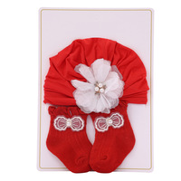 Automne épais bébé casquettes nouveau-né Turban casquette chaussettes ensemble 2 pièces haute cheville couverture Fontanelle protecteurs imprimé fleuri Logo tricoté