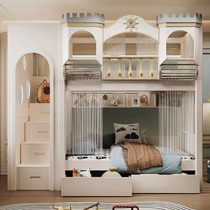 Lit superposé en bois pour enfants, design <span class=keywords><strong>château</strong></span> <span class=keywords><strong>de</strong></span> luxe européen, avec rangement, lit superposé double avec toboggan - Product Image 1