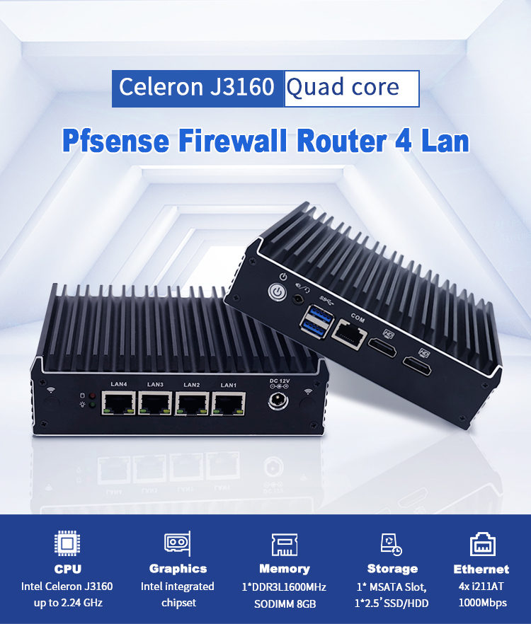 Cele-ron J3160 Mini PC 4 LAN Ports Pfsense Firewall Hardware DDR3