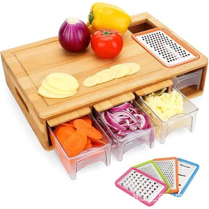 Planche à découper en bambou avec tiroirs, ensemble de râpes en acier inoxydable, outil de préparation des légumes pour la cuisine, couleur bois naturel, 12 pièces - Product Image 1