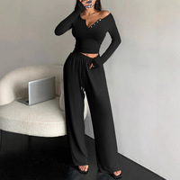 Setelan Baju Atasan Kaos Lengan Panjang Kancing V-Neck Slim Kasual Polos Musim Semi Gugur 2026 dan Celana Kaki Lebar Gaya Eropa Amerika