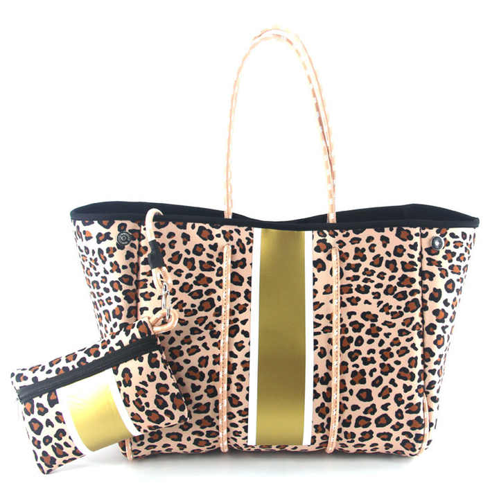 Wholesales Neoprene Women Tote Bag Large Capacity Leopard Female Summer Beach Bag With Small Purse