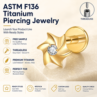 Perhiasan tindik JiaXin ASTM F136 Titanium Grade Implant, tanpa ulir, flat back, labret stud, untuk bibir, helix, conch, dengan inlay zircon berbentuk hati, ukuran 16G