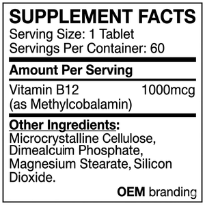 Tabletas Vegetarianas de Vitamina B12 1000mcg OEM, 60 Unidades, Suplemento Dietético de Marca Privada a Base de Plantas para Niños y Adolescentes - Product Image 3