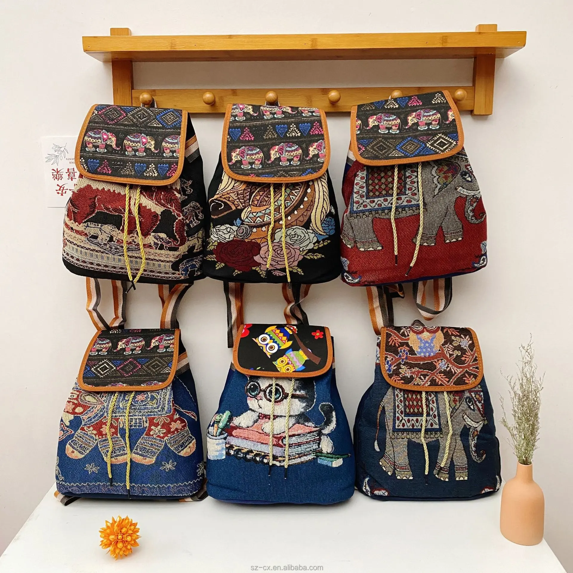 fashion portable large capacity vintage vmbroidery knitted ethnic sling back pack canvas outdoor travel bag ethnic backpack