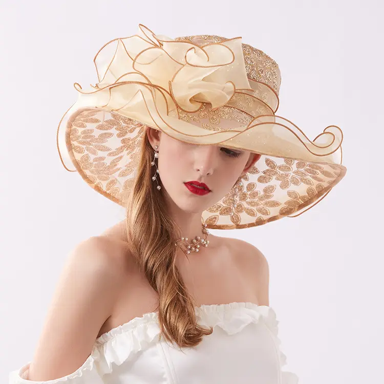 Nuovo grande bordo maglia diamante caldo fiore spiaggia ombrellone formale banchetto donne cappelli da chiesa all'ingrosso cappello a cilindro