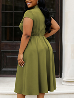 ADR060398 Robe décontractée à col nœud, manches courtes, plissée, grande taille, robes vertes pour femmes