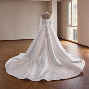 Robes de mariée élégantes Rsm261036 pour les mariées, perles, manches longues, col haut, fermeture éclair au dos, robe en satin style A, robe de mariage Jancemebr - Product Image 4