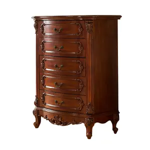 Factory Wholesale Price Solid Wood Carved Furniture European Style Chest Of Drawers Cherry Color Cabinet Bedroom Dresser Cabinet
