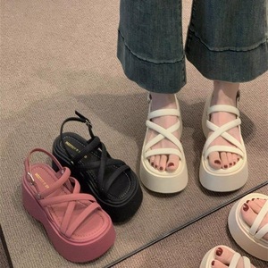 Sandalias de Plataforma con Tiras Cruzadas, Punta Abierta, Tacón Grueso de Altura Media, Zapatos de Verano para Mujer, Rosa, Negro, Blanco, Material PU, Suela EVA - Product Image 1