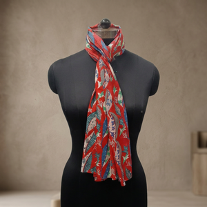 Women's Long <b>Silk</b> <b>Scarf</b> Red Floral Print Lightweight Daily Wear Accessory - Product Image 3