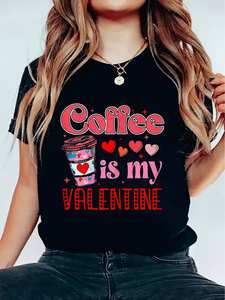 T-shirt grafica da donna Coffee Is My Valentine, manica corta, girocollo, design a cuore, tessuto morbido, casual, per la primavera e l'estate - Product Image 3