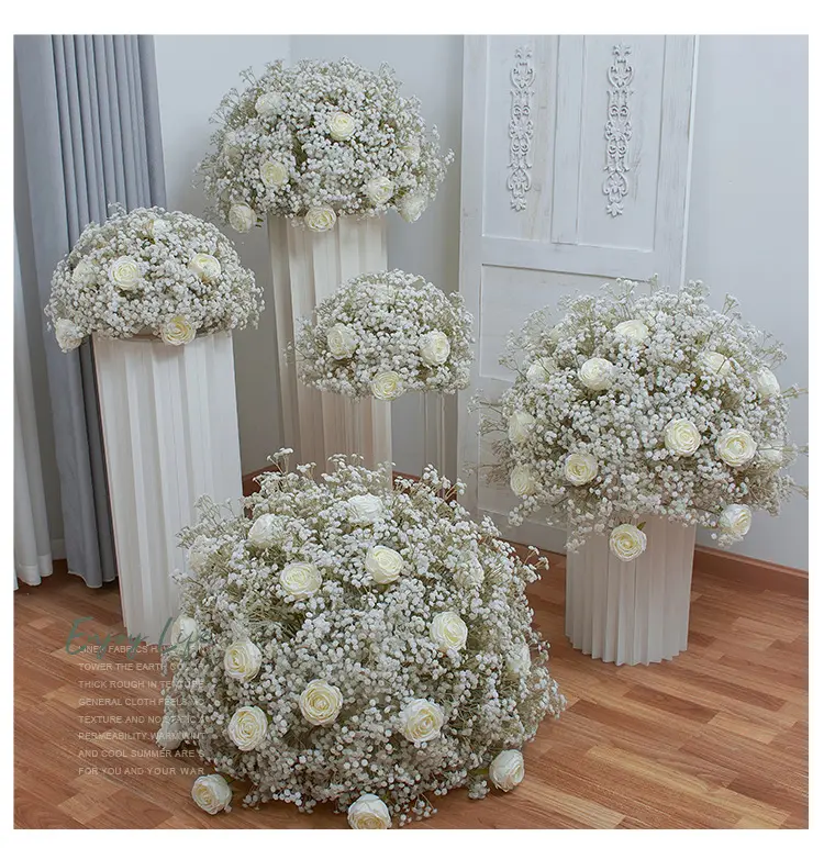 Bola bunga pernikahan 80cm, bola tengah meja bunga mawar putih murni untuk dekorasi pernikahan bola bunga sutra
