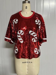 Custom Christmas Tree Holiday Candy Stick Santa <span class=keywords><strong>Holly</strong></span> Lentejuelas Jersey Lentejuelas Vestido Bling Mujer Lentejuelas Camisa al por mayor - Product Image 3