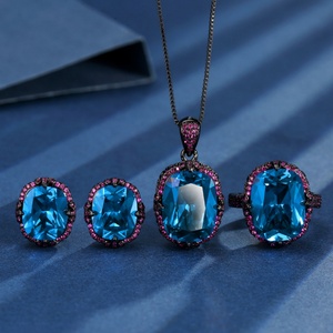 Ensemble de bijoux vintage écologiques en cuivre pour femme, design nid d'oiseau bleu 12*16mm, collier, boucles d'oreilles et bague plaqués or noir - Product Image 1