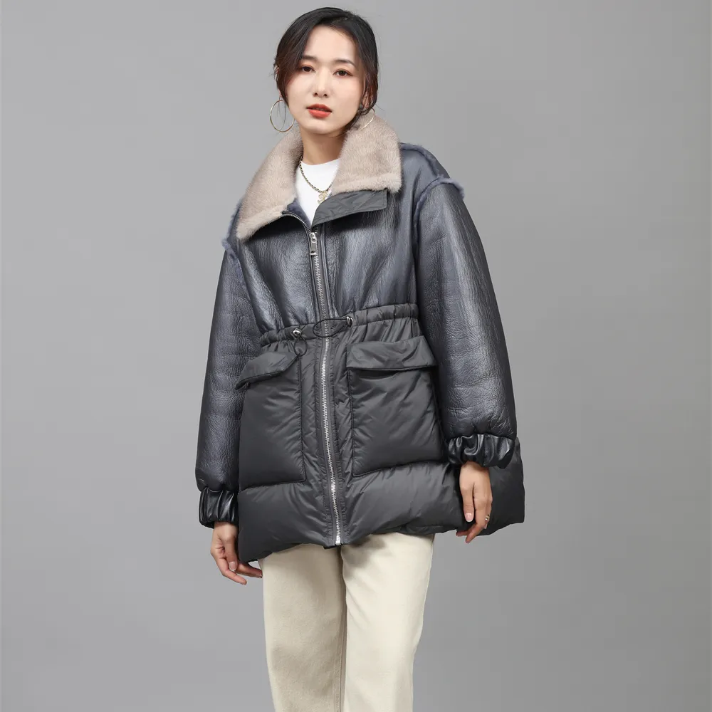 customized OEM ODM style Winter Lady Long sheep skin Jacket mink fur Collar down parka real Sheep fur coat for Women