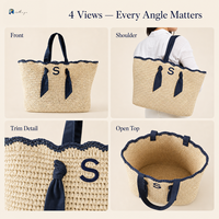 Sac fourre-tout portable en paille tressée à fermeture ouverte, motif lettres, pour la plage et le shopping, personnalisable avec monogramme, doublure en polyester, usage quotidien