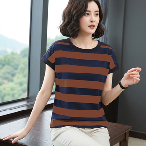 <b>Women's</b> Striped Crew Neck Short Sleeve T-Shirt Regular Fit Casual Knitted Cotton Top Anti-Shrink Logo 180g Spring Summer - Product Image 3