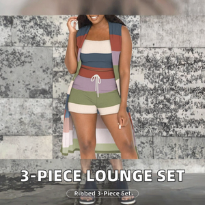 Women's Casual 3-Piece for Lounge <b>Sets</b> Ribbed Sleeveless Kimono Cardigan Vintage Tank Crop Tops Bodycon Shorts Tracksuit - Product Image 2