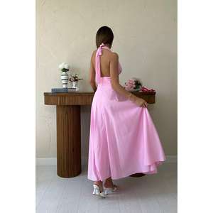 Vestido Rosa Halter con Corte en A, Tejido, Cintura Natural, Transpirable, para el Trabajo - Product Image 1