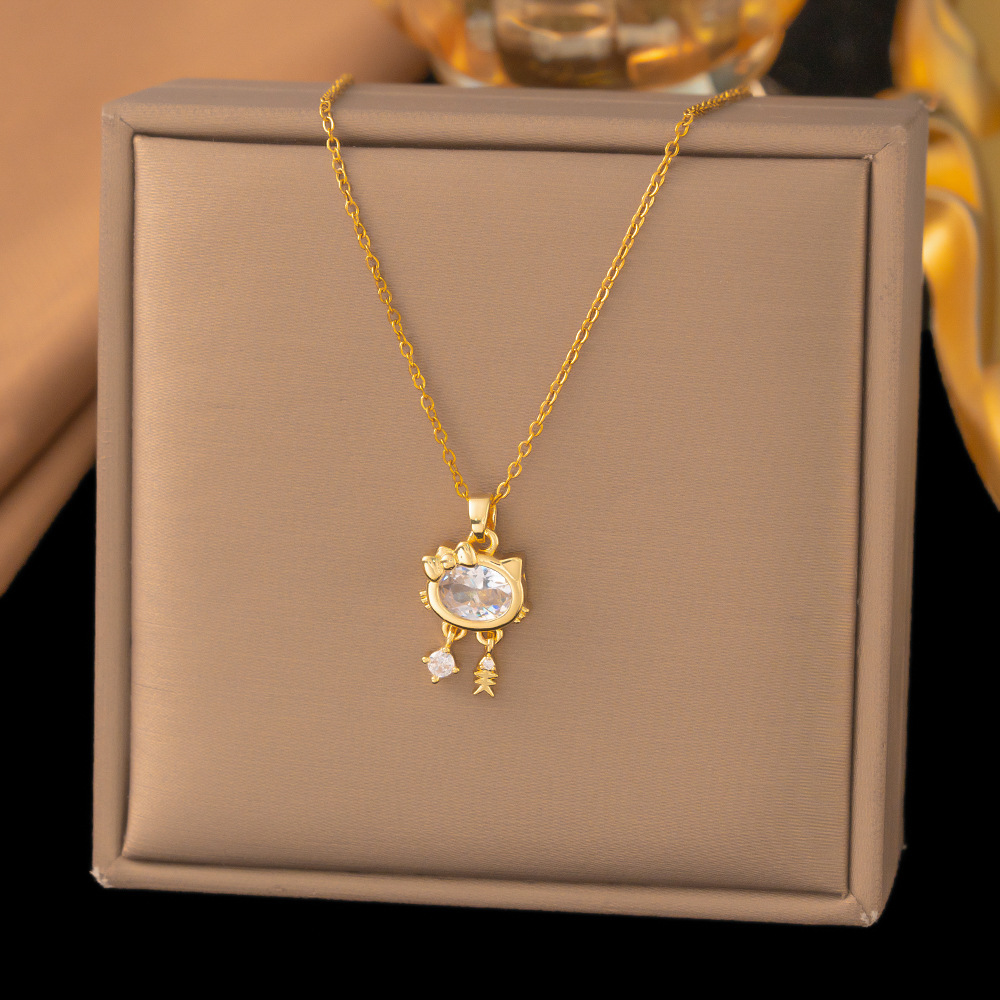 9018 white diamond cat necklace-gold