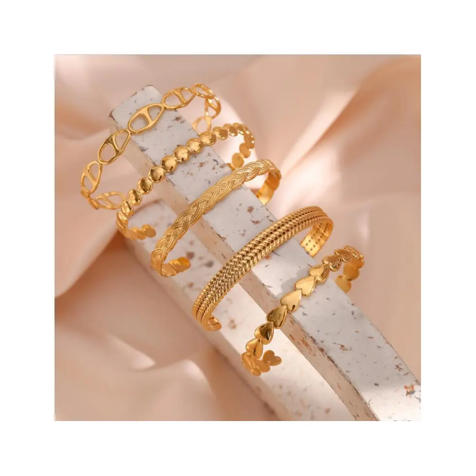 Trendy Ajustável Aberto 18k Banhado A Ouro Cuff Bangle Define Manchar Livre Aço Inoxidável Moda Jóias Pulseiras & Bangles Menina